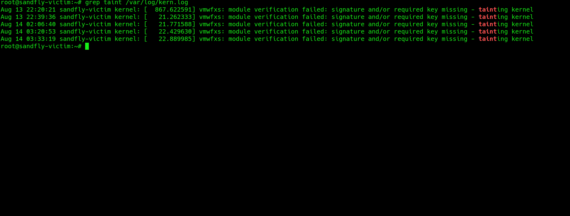 blog-imagesleaked-north-korean-linux-stealth-rootkit-analysis05-korea-var-log-kern-log-vmwfxs-module-signature-taint
