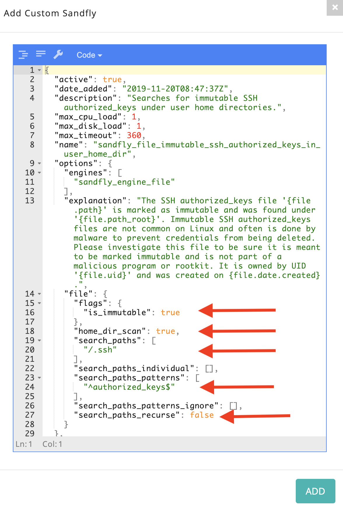 blog-imagessandfly-2-3-3-more-linux-sniffer-and-immutable-file-detection02-custom-sandfly-search-for-immutable-ssh-authorizedkeys