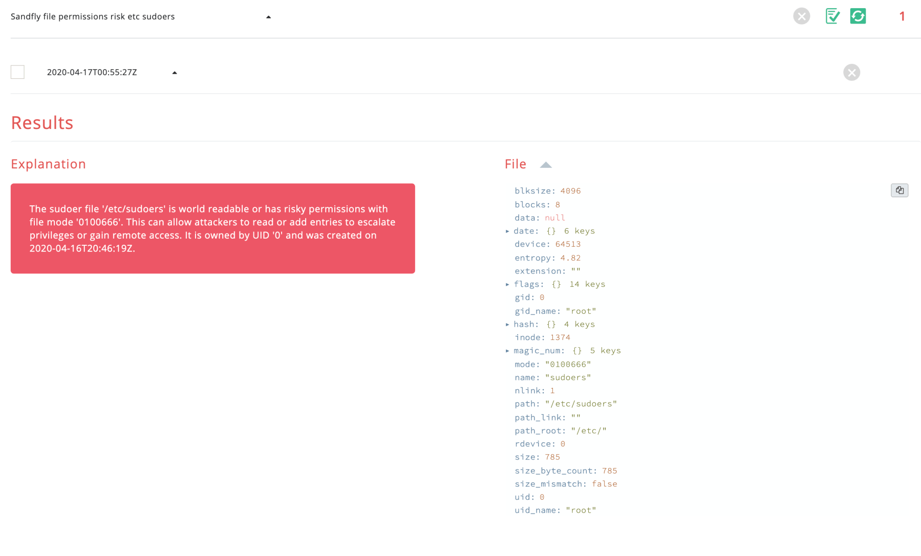 blog-imagessandfly-2-6-0-elasticsearch-replication-linux-container-security-scanning-hidden-process-de-cloaking-and-more10-sandfly-file-permissions-risk-etc-sudoers