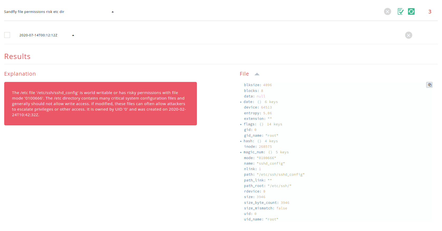 blog-imagessandfly-2-7-0-mitre-attck-tags-enhanced-linux-stealth-rootkit-de-cloaking-and-sctp-backdoor-detection05-sandfly-file-permissions-risk-etc-dir